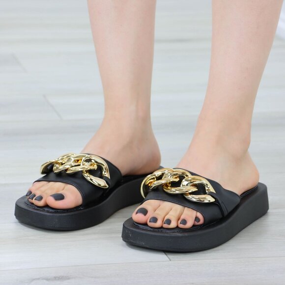 Black Chunky Comfy Flat Sandal Slip On Sliders - Picture 3 of 14